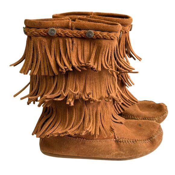 Minnetonka Suede Moccasins 3 Layer Fringe Mid Calf Boots Women's 4 Brown Boho - Picture 3 of 13